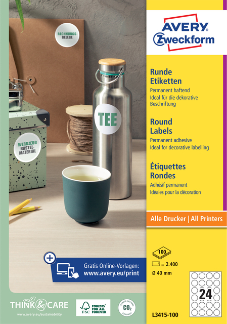 Etiket Avery L3415 Rond 40MM Wit 2400 Stuks