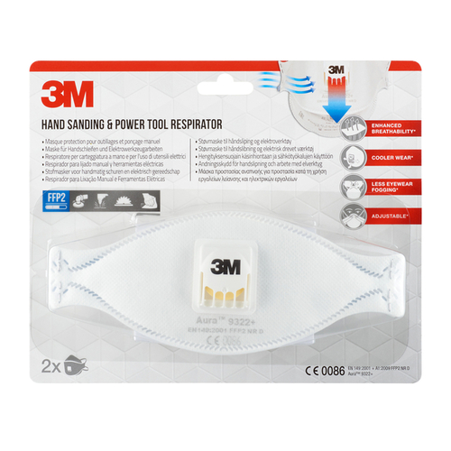 Stofmasker 3M Aura Voor Schuren 9322 FFP2 Met Ventiel 2 Stuks