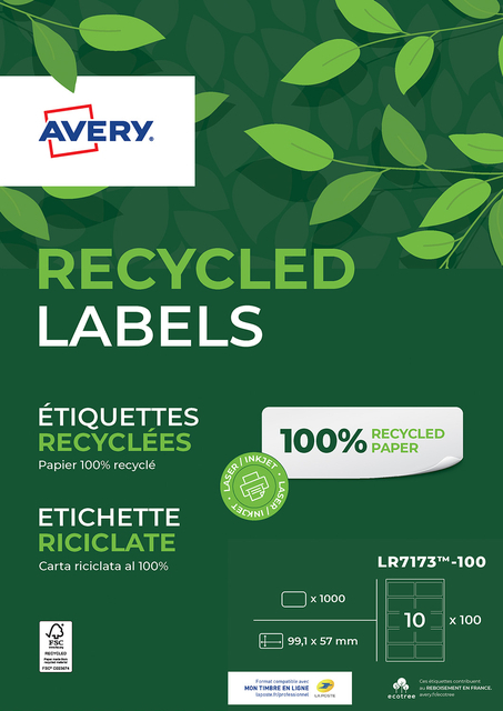 Etiket Avery LR7173-100 99.1X57MM Recycled Wit 1000 Stuks