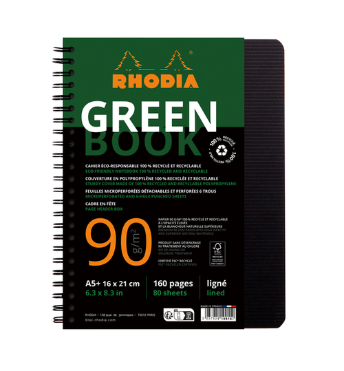 Notitieboek Rhodia Greenbook A5 Lijn 6-Gaats 180 Pagina's 90GR Zwart