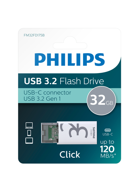 Usb Stick 3.2 Philips Click Usb-C 32GB Grijs