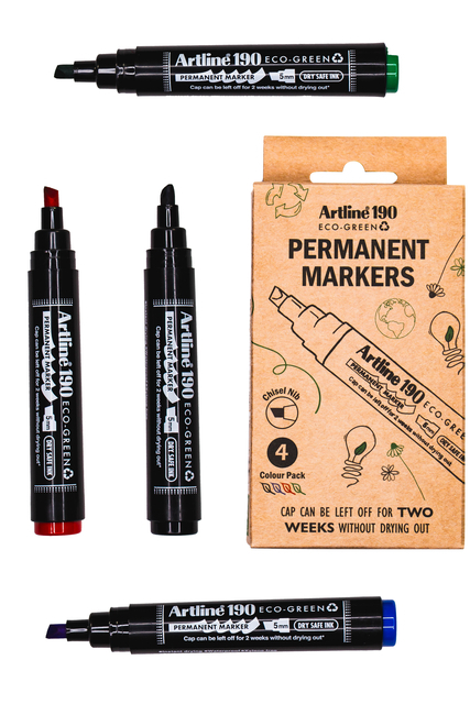 Permanent Marker Artline 190 Dry Safe Eco Schuin 2-5MM Assorti 4st