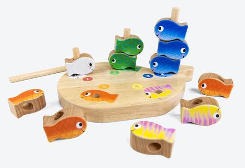 Genechten*4 in 1 Houten spel Klein wit visje. Stapel, hengel, tel en rijg