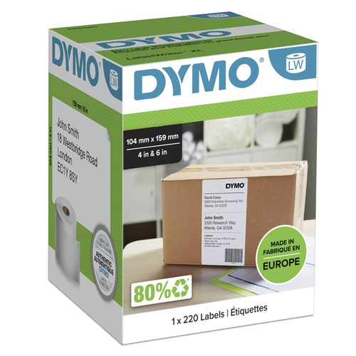 Etiket Dymo Labelwriter 5XL Verzendlabel 104X159MM 1 Rol Á 220 Stuks Wit