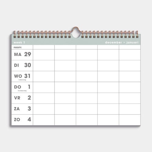 Familieplanner Spiraal 2026 A4 Grijsgroen