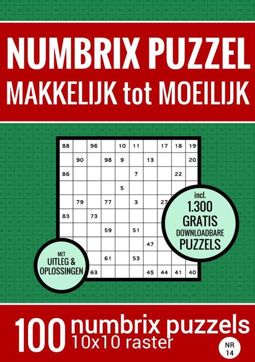 Kerstcadeau Puzzelboek met 100 Numbrix Puzzels Makkelijk tot