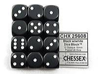 Dobbelsteen Chessex Black/White D6 16MM Set À 12 Stuks